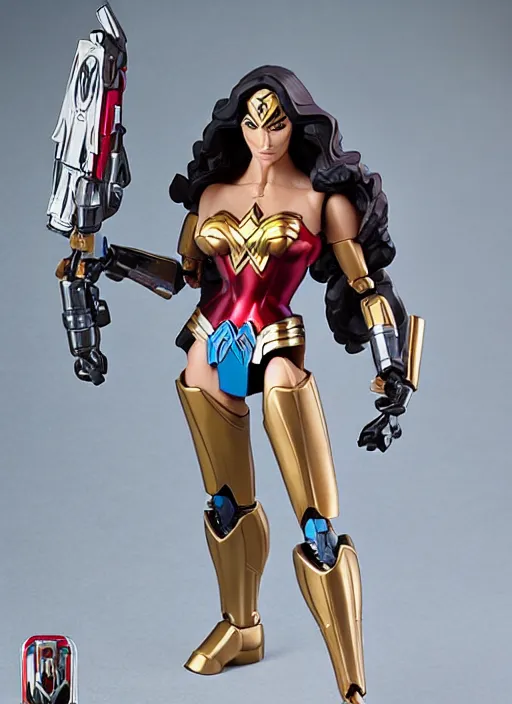 Image similar to transformers decepticon lynda carter's wonder woman action figure from transformers : kingdom, pvc figurine, symmetrical details, gunpla, android, robot girl, by hasbro, takaratomy, tfwiki. net photography, product photography, official media