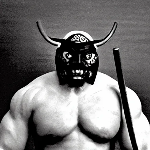 Image similar to big buff strong very buff samurai wearing an oni mask, movie still