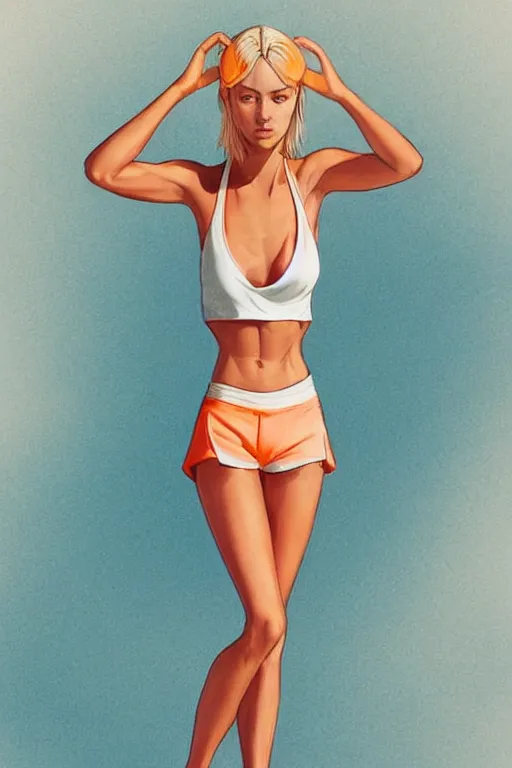 Prompt: a beautiful, very fit woman with hip-length blonde hair, wearing a short white crop top and short orange athletic shorts, stands by a swimming pool, facing forward, in the style of artgerm and moebius and annie liebovitz, photorealistic, highly detailed, trending on artstation