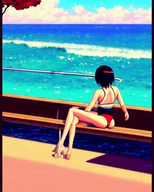 Image similar to girl in bikini sitting on the bench near the sea | very anime!!!, fine face, audrey plaza, realistic shaded perfect face, fine details. anime. strong realistic shaded lighting poster by ilya kuvshinov katsuhiro otomo ghost, magali villeneuve, artgerm, jeremy lipkin and michael garmash and rob rey