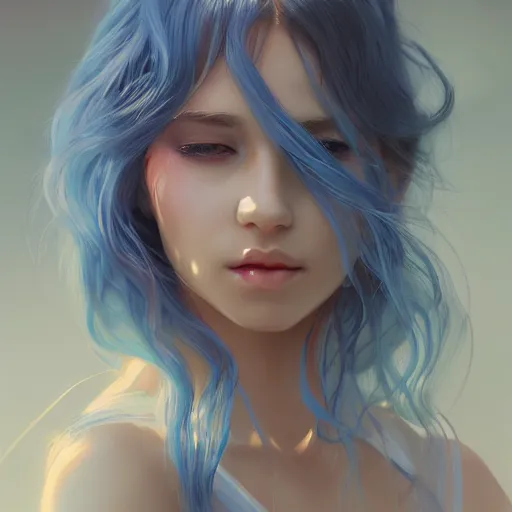 Prompt: beautiful woman with long blue, flowy hair, white kimono robes, cinematic lighting, digital painting, trending on artstation, pixiv, concept art, highly detailed, 4 k, sharp focus, illustration, art by wlop
