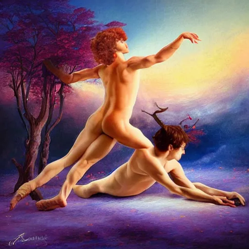 Prompt: debussy's afternoon of a faun, contemporary dance, fantasy sky, symphony album cover by artgerm and ruth deckard