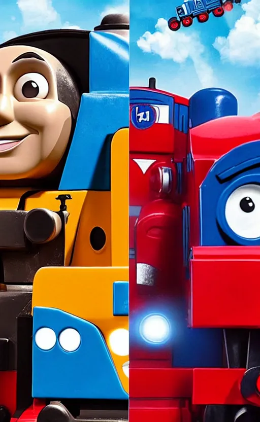 Image similar to thomas the tank engine vs. optimus prime : big revenge : coming soon to theaters, epic cinematic poster, realistic, photo, photorealistic, detailed, high quality, high resolution, 8 k, hdr, 4 k