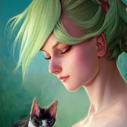 Image similar to ultra realistic illustration, dream girl with white hair, with light green eyes, with cat ears, in a sundress, intricate, elegant, highly detailed, digital painting, artstation, concept art, smooth, sharp focus, illustration, art by artgerm and greg rutkowski and alphonse mucha