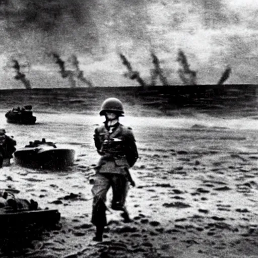 Image similar to Pewdiepie storming the beaches of Normandy, 1945, Colourized