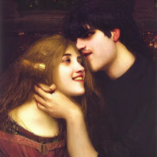 Prompt: black hair woman embrace blond long hair man while smiling, john william waterhouse, soft lighting, romantic, love