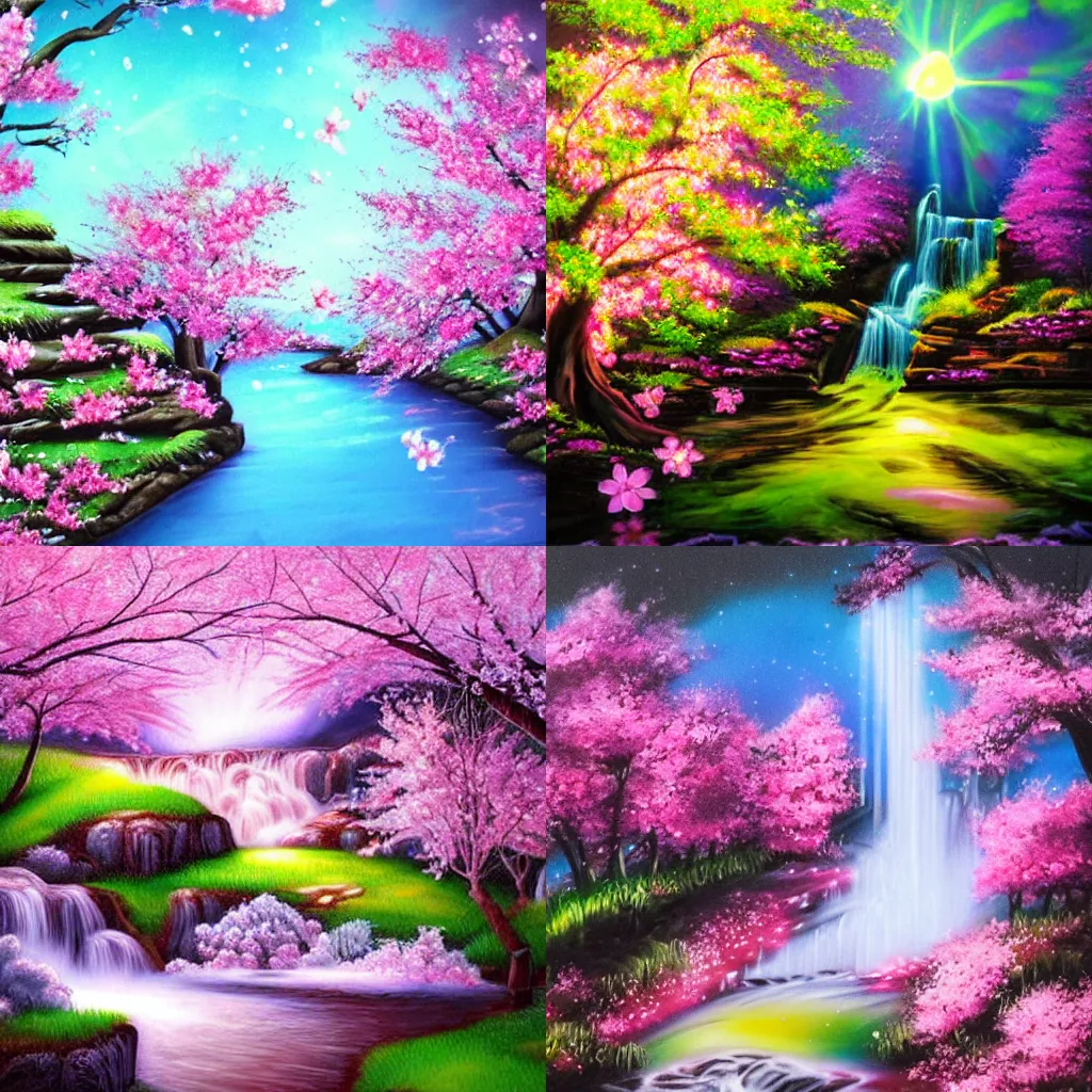 Prompt: spring landscape cherry blossoms and waterfalls luminescent airbrush detailed