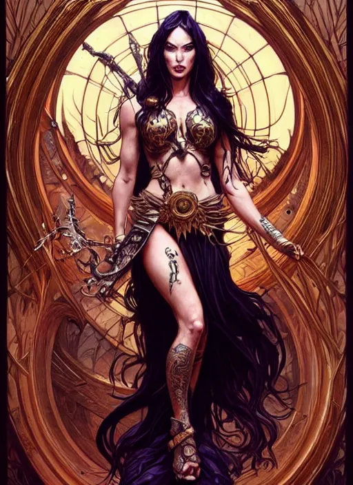 Prompt: megan fox as the goddess of chaos!! intricate elegant, highly detailed, digital painting, artstation, concept art, smooth, sharp focus, illustration, art by ( ( ( artgerm ) ) ) and greg rutkowski! and ( ( alphonse mucha ) )