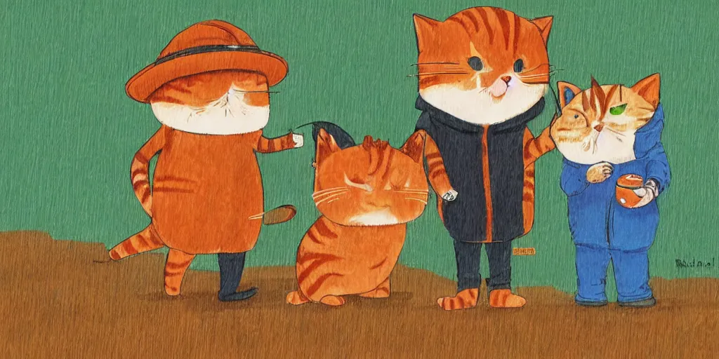 Image similar to a beard man and an orange tabby kitten standing in the rain by richard scarry