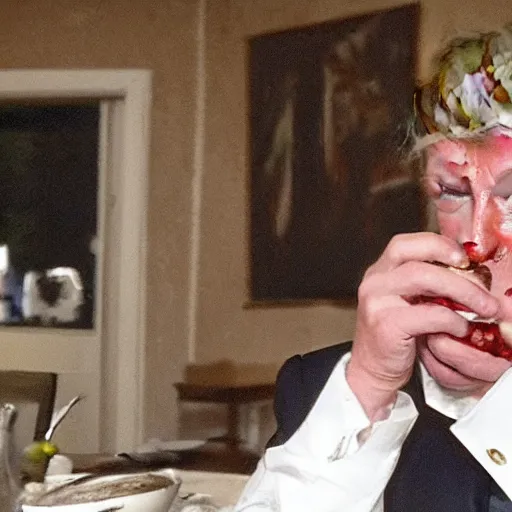 Image similar to blurry cell phone footage of donald trump eating a moldy apple in an abandoned house