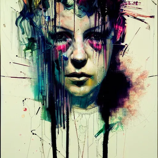 Image similar to i live in cyber dreams, glitchcore wires, machines, by jeremy mann, francis bacon and agnes cecile, and dave mckean ink drips, paint smears, digital glitches glitchart