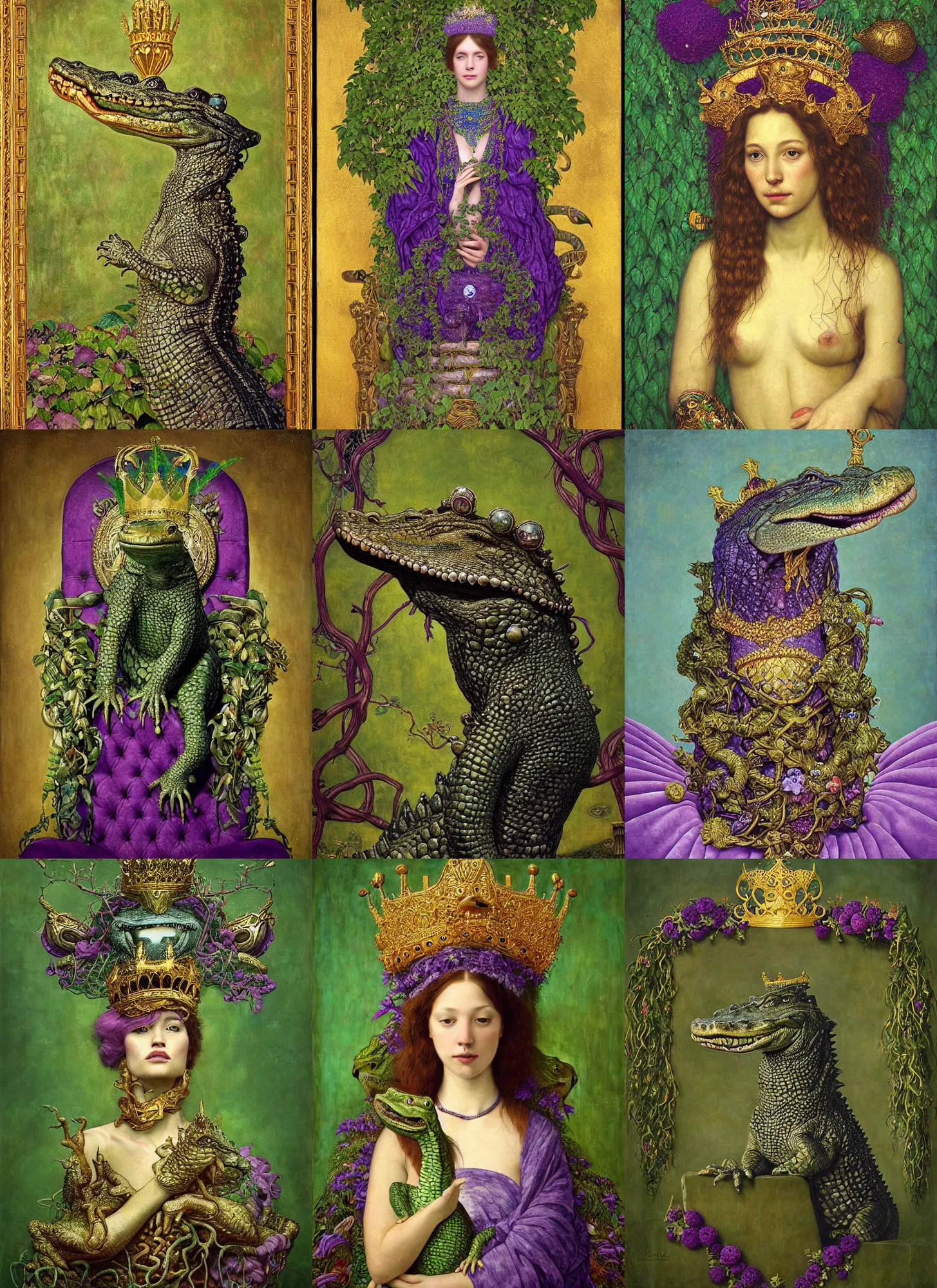 Prompt: “A majestic portrait of an alligator wearing a crown, on a throne with vines,national geographic, titian, Tom Bagshaw, Sam Spratt, maxfield parrish, gustav klimt, high detail, 8k, intricate, green gold and purple colors”