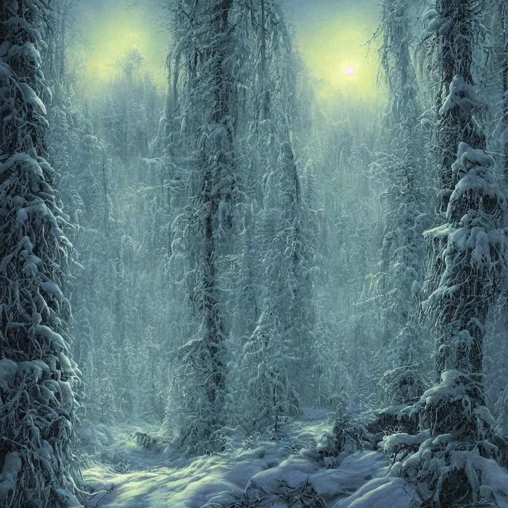 Prompt: a thick and lush haunted northern forest winter night, upward cinematic angle, by rodney matthews, michael kaluta, charles vess and thomas kinkade, haunting ghostly darkness, stunning composition, intricate, elegant, digital art, hyperdetailed, colorful hyperrealism, brilliant photorealism, 4k