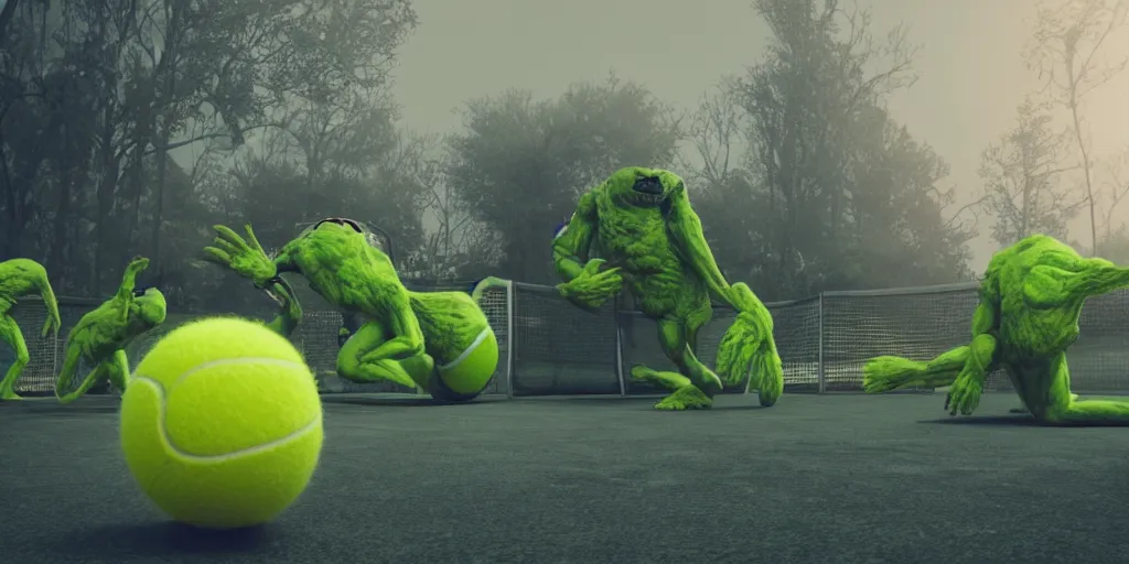 Image similar to a photo of 8 k ultra realistic giant tennis ball monster, tennis ball monsters, creepy, weird, funny, exotic, cinematic lighting, trending on artstation, 4 k, hyperrealistic, focused, high details, unreal engine 5, cinematic, alien planet atmosphere in background, 3 d render by basil gogos and beeple