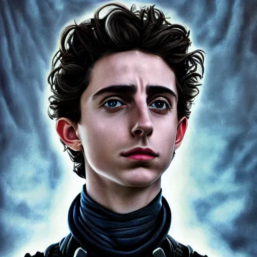 Image similar to realistic paul atreides emperor of the known universe, perfect dramatic and dark portrait insanely detailed, trending on artstation, deviantart, dune, low angle oil painting and composition laws, dark foggy background, timothee chalamet but he is older, man with thin lines on the face, medium - long curly brown hair, completely blue eyes, denis villeneuve cinematography