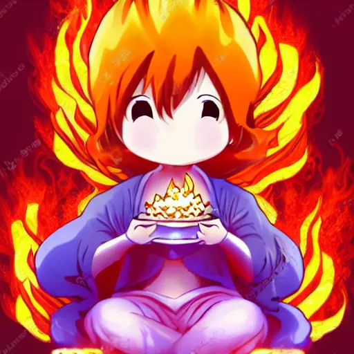 Image similar to anime style character of a piece of fluffy popcorn with a smiling face and flames for hair, sitting on a lotus flower, clean composition, symmetrical