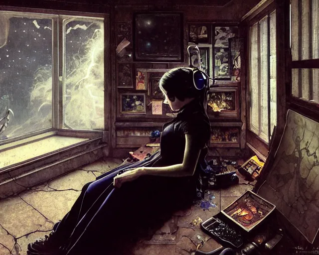 Prompt: a epic norman rockwell painting portrait of emo girl listening to music in a dark liminal space room, gritty tech, deep focus, fantasy, intricate, elegant, highly detailed, digital painting, artstation, concept art, matte, sharp focus, illustration, dark fantasy style art, resident evil, art by artgerm and greg rutkowski and alphonse mucha