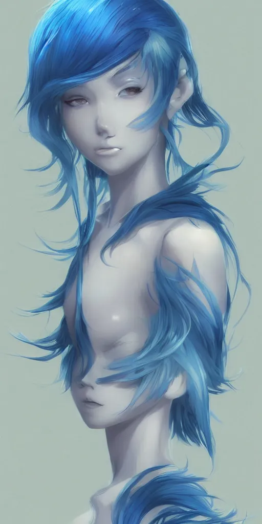 Image similar to character design sheet, beautiful anime style blue hair young mermaid girl with a blue skin and gorgeous faces, high fashion, artstation, concept art, sharp focus, illustration, beautiful light and shadows, art by artgerm and greg rutkowski and lin hsiang and krenz cushart and jean giraud