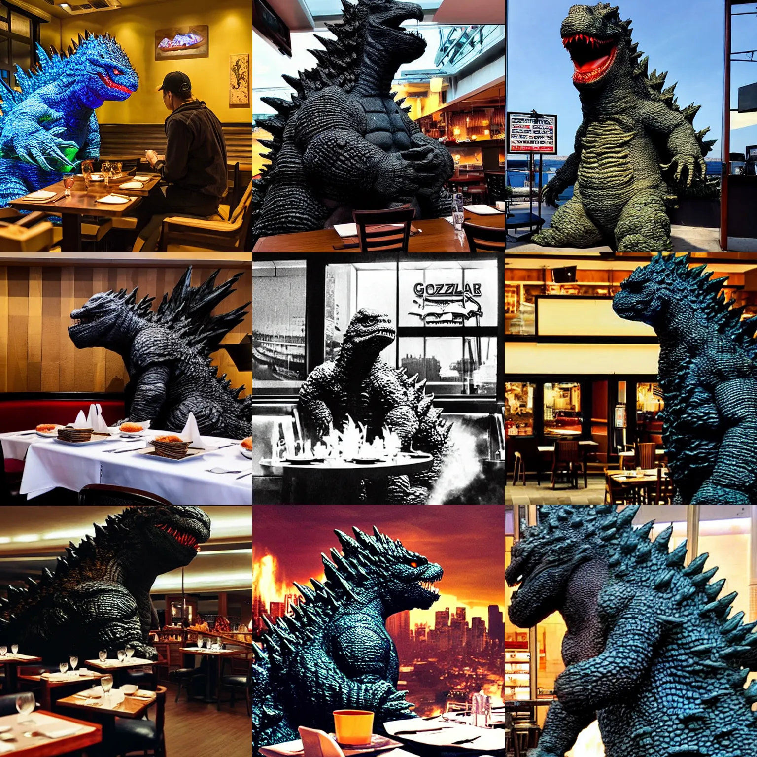 Prompt: godzilla is seated in a restaurant