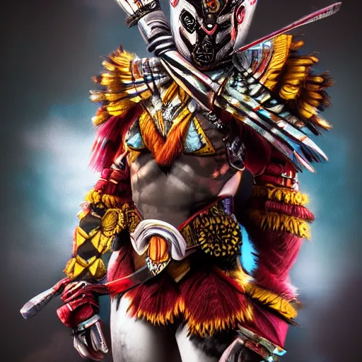 Prompt: harlequin warrior highly detailed, dramatic lighting, ,photorealistic cinematic, 4k