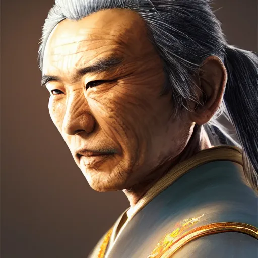 Image similar to portrait painting of a 6 0 year old kind handsome taoist priest, like zun long, silver ponytail hair, amiable by wenjun lin, irakli nadar, bright colors, octopath traveler, wenjun lin, unreal engine 5 highly rendered, global illumination, radiant light, detailed and intricate environment