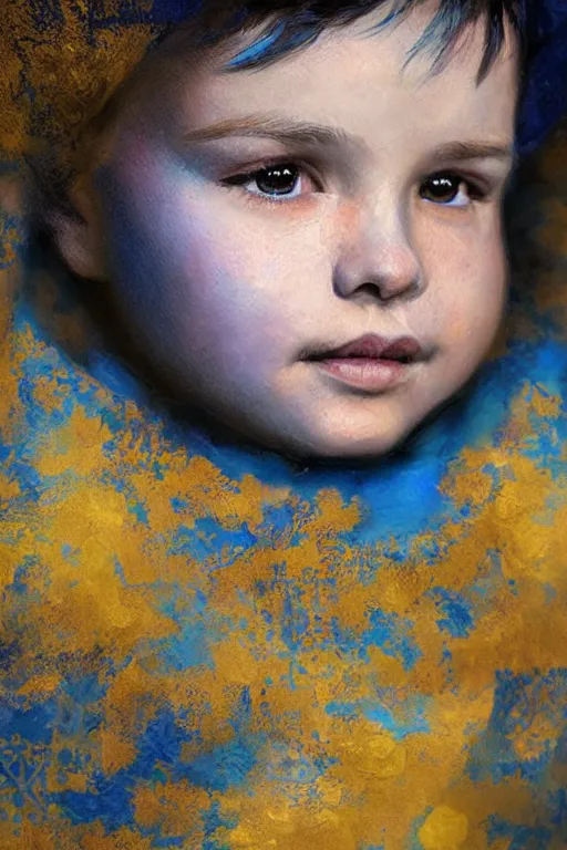 Image similar to little boy, close - up portrait, the portrait is decorated with blue and gold art deco patterns, powerfull, intricate, elegant, volumetric lighting, scenery, digital painting, highly detailed, artstation, sharp focus, illustration, concept art, ruan jia, steve mccurry