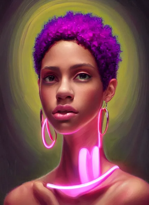 Image similar to portrait of teenage vanessa morgan with bright pink hair, black girl, curly pixie cut hair, wearing a purple breton cap, breton cap, hoop earrings, intricate, elegant, glowing lights, highly detailed, digital painting, artstation, concept art, smooth, sharp focus, illustration, art by wlop, mars ravelo and greg rutkowski