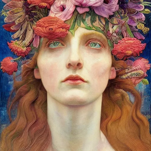 Image similar to flower queen, by annie swynnerton and charlie bowater and tino rodriguez and nicholas roerich and jean delville and evelyn de morgan and lucien freud, dramatic lighting, floral tattoos, rich colors, smooth sharp focus, extremely detailed, adolf wolfli