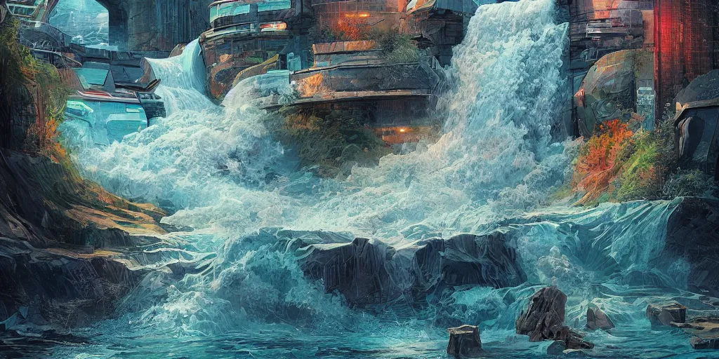 Image similar to dam breach, powerful water flowing, utopian happy atmosphere, incredible masterpiece of digital art, concept art illustration, award - winning, retro futurism