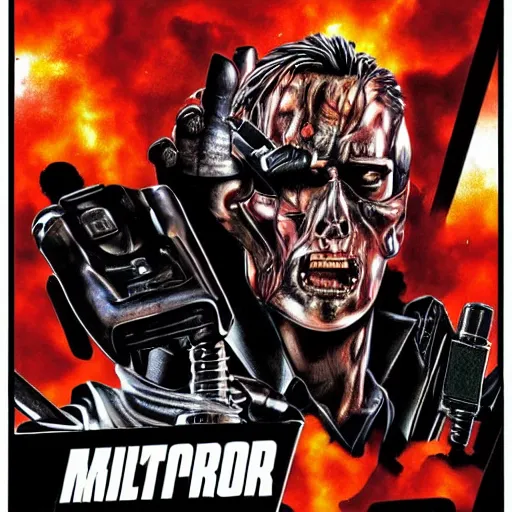 Prompt: terminator movie cover art with title