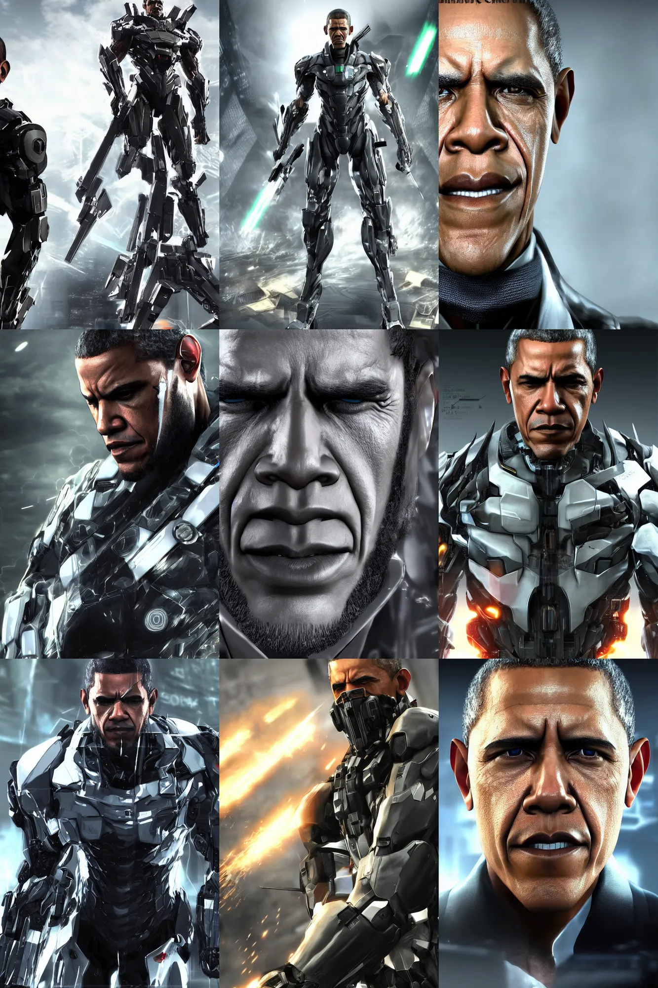 Prompt: barack obama in metal gear rising revengeance, metal gear rising, metal gear, bearded barack obama, barack obama, octane render, 8 k, realistic face, realistically proportioned head, realistically proportioned face