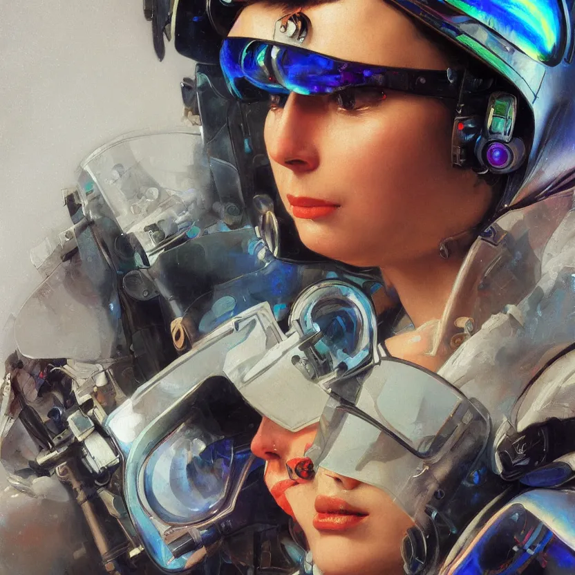 Prompt: baroque neoclassicist close - up portrait of a neofuturistic cyberpunk pilot wearing a visor iridescent textures. highly detailed science fiction painting by norman rockwell, frank frazetta, and syd mead. rich colors, high contrast, gloomy atmosphere. trending on artstation and behance.