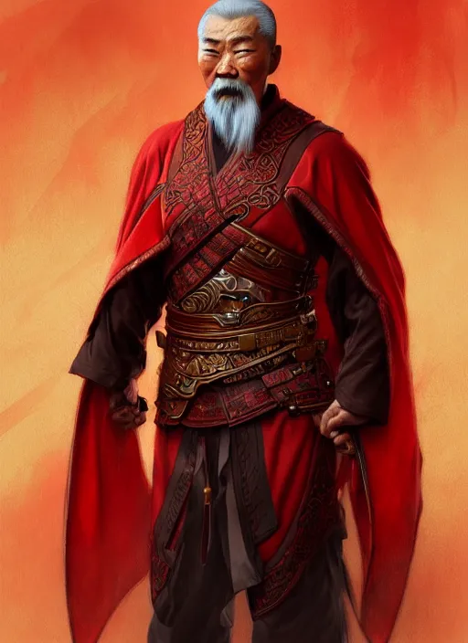 Prompt: portrait of an old Chinese warrior man, muscular, red leather robes! intricate, elegant, highly detailed, digital painting, artstation, concept art, smooth, sharp focus, illustration, art by artgerm and greg rutkowski and alphonse mucha