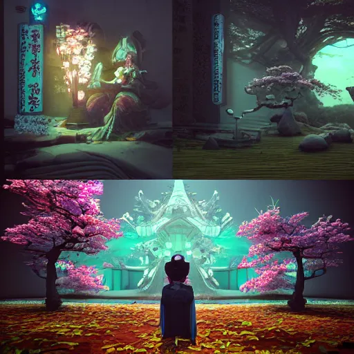 Image similar to 3 d scene of a japanese temple portal modelling goddess close - sakura trees everywhere, woodsman wearing a steampunk and neonpunk mechanical fluorescent mystical animal mask in strange misty mountain landscape. betta fish, jellyfish phoenix, bio luminescent, plasma, ice, water, wind, creature, artwork by tooth wu and wlop and beeple and greg rutkowski