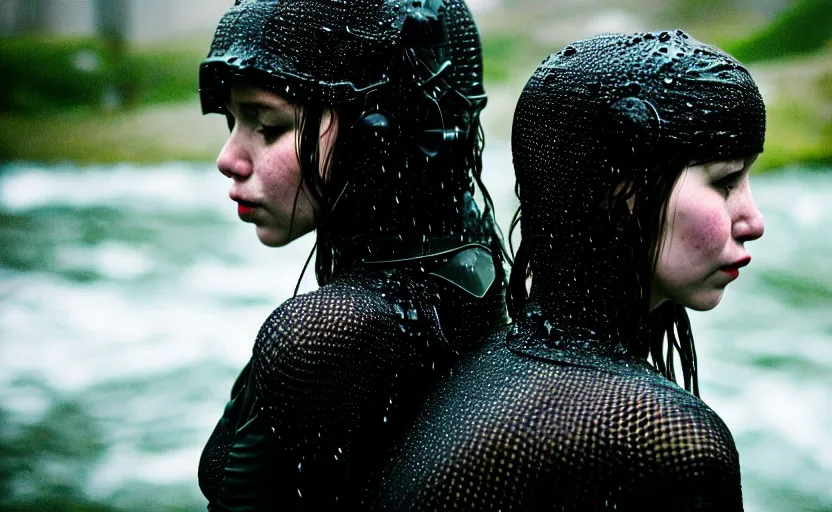 Image similar to cinestill 5 0 d candid photographic portrait by helen levitt of two loving skandinavian female androids wearing rugged black mesh techwear in treacherous waters, extreme closeup, modern cyberpunk moody depressing cinematic, pouring rain, 8 k, hd, high resolution, 3 5 mm, f / 3 2, ultra realistic faces, ex machina