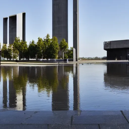 Prompt: a modern memorial built with apparent concrete ,hope and peace to the people. the building stands in the lakeside in a sunny day and reflected in water. humans walk and play in the place.