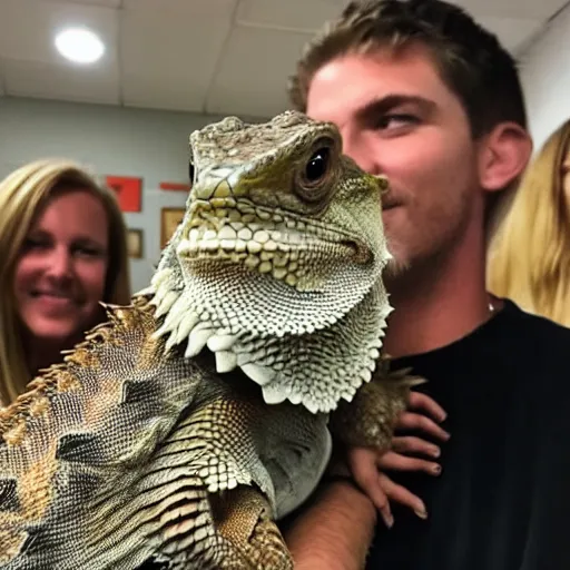 Image similar to a giant bearded dragon hanging out with blonde hair women