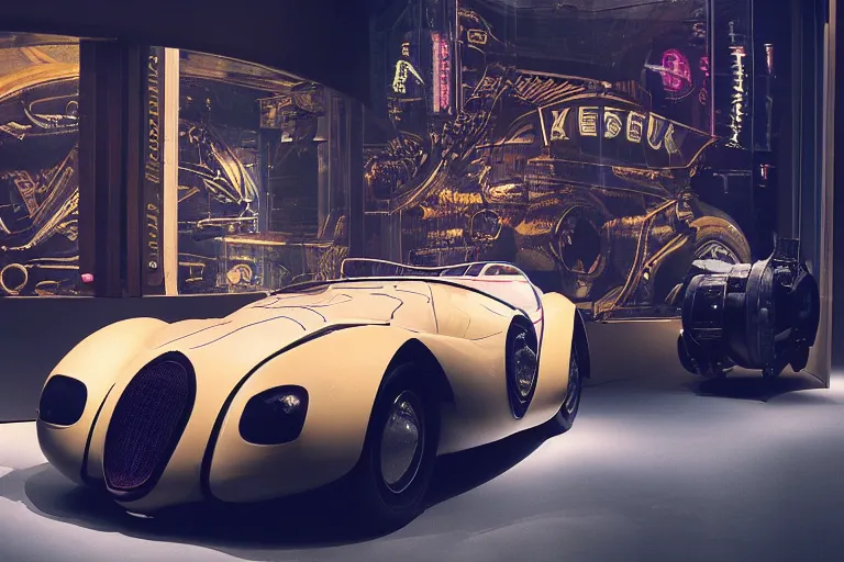 Prompt: cyberpunk 1 9 2 6 bugatti type 3 5, volumetric lighting, in a museum, museum exhibit, museum lighting, 9 0 s film photo