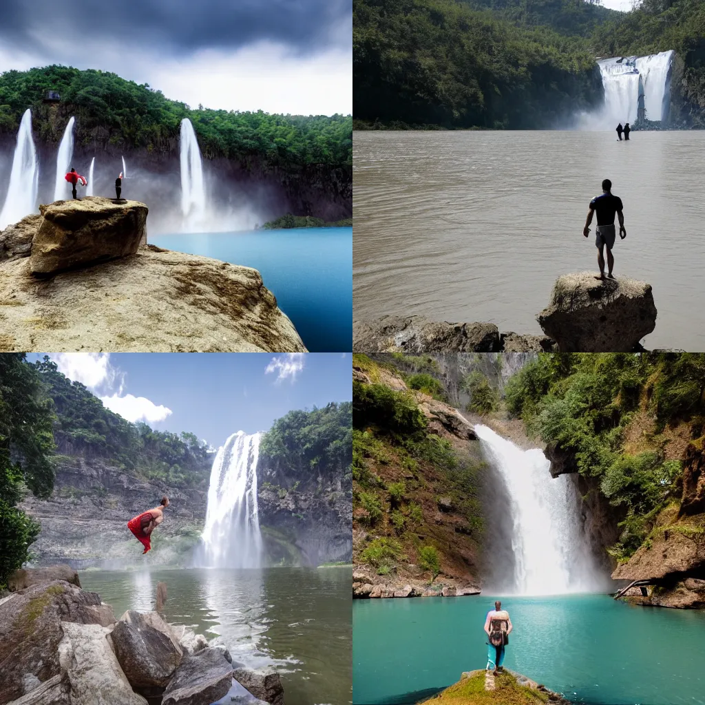 Prompt: A travelar stands on a rock in the middle of a lake, he finds a lost city hiding in a waterfall