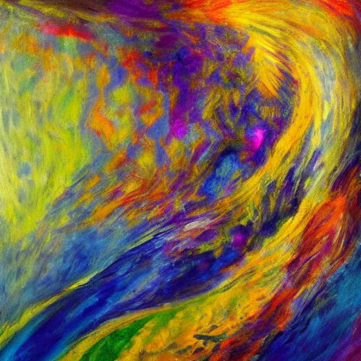 Image similar to A beautiful abstract acrylic pouring of a mythical, colorful staircase to heaven enlighted by golden mist by Leon Kossoff, Trending on artstation