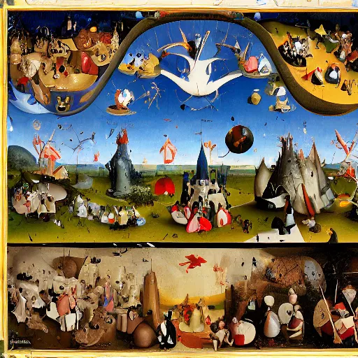 Image similar to donald duck in the garden of earthly delights by hieronymus bosch, hyper detailed, photorealistic, trending on artstation, rule of thirds, super sharp, crispy.