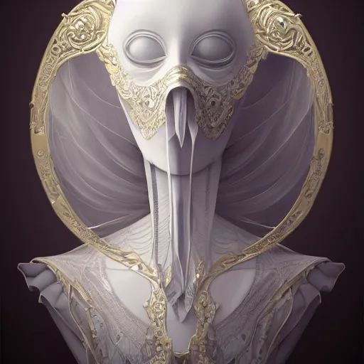 Image similar to vampire, renaissance noble costume, masked, ornate white cotton semi-transparent veils, concept art, cinematic, epic wide shot, artstation, sharp focus, carved white marble female biomechanical sculpture, subtle gold accents, beautifully lit, by Zdzisław Beksiński, hyper detailed, insane details, inticate, elite, ornate, elegant, luxury, dramatic lighting, environmental key art, octane render, weta digital, micro details, structure, ray trace 4k