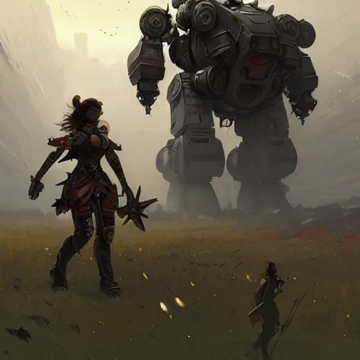 Prompt: beautiful girl fighting giant mech, western, D&D, fantasy, intricate, elegant, highly detailed, digital painting, artstation, concept art, matte, sharp focus, illustration, art by Jakub Rozalski