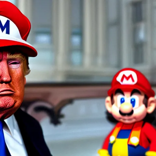 Image similar to uhd candid photo of hyperdetailed donald trump dressed as mario. correct face, cinematic lighting, photo by annie leibowitz, and steve mccurry.