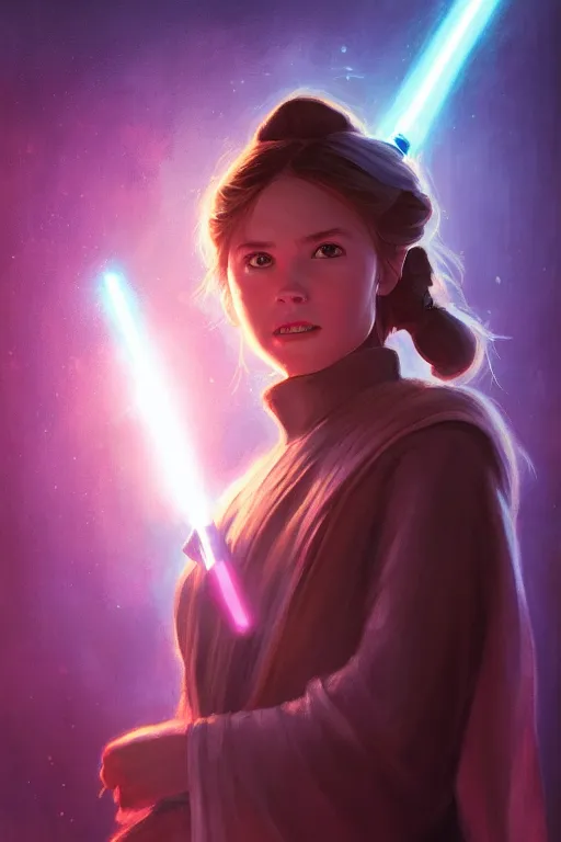 Image similar to a portrait of a cute young female jedi, star wars setting, vivid colors, soft lighting, atmospheric, cinematic, moody, in the style of artgerm and greg rutkowski, oil on canvas, 8 k