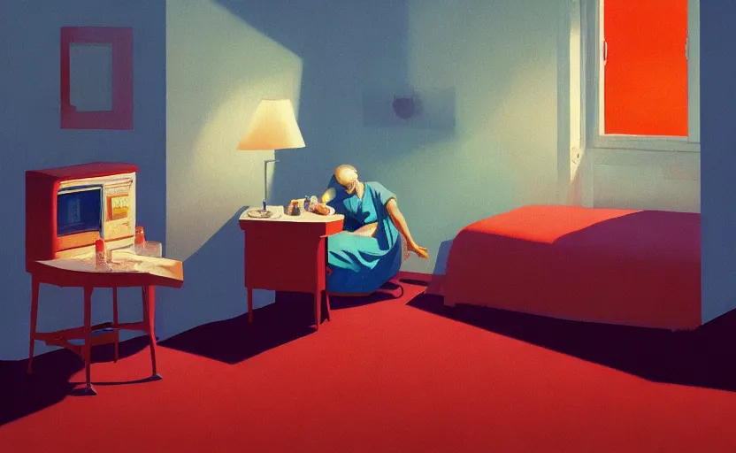 Prompt: inside a lonely motel room, very coherent, painted by Edward Hopper, Wayne Barlowe, painted by James Gilleard, airbrush, art by JamesJean