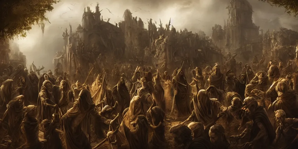 Prompt: beautiful oil matte painting, black plague infected people meeting the grim reaper, wonderful masterpiece highly detailed, beautiful cinematic light deep focus, elegant, digital painting, smooth, sharp focus, golden ratio, dramatic illumination, ultra realistic, 8 k, art by salvator rosa