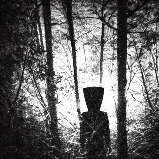 Image similar to grainy surveillance photo still of an alien in the woods at night hiding in the trees of a forest