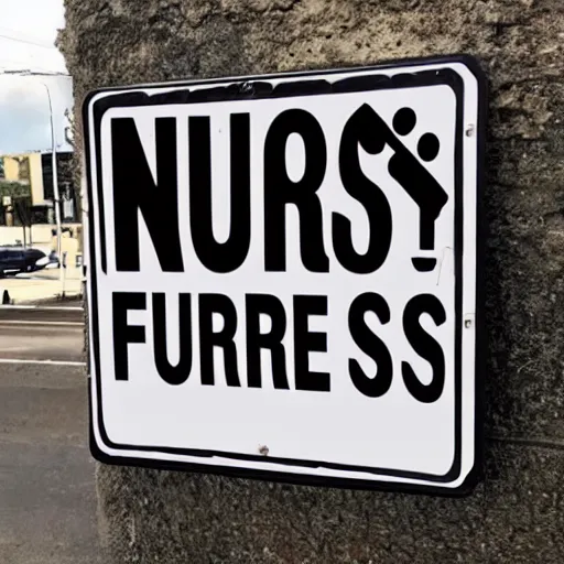 Image similar to a street sign that says no furries, sad furry looking at it