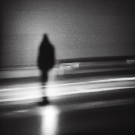 Prompt: a lonely shadowy figure at night, black and white, long exposure, motion blur, 3 5 mm